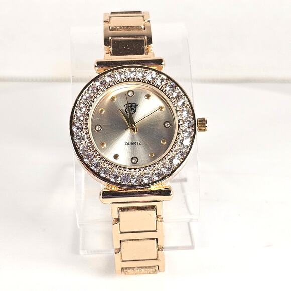 Women's Gold Tone Quartz Watch 34mm Crystal Bezel Silver Dial Bracelet Style - Picture 2 of 14